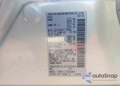 2016 Nissan Rogue Sv z USA, uszkodzony, nr VIN 5N1AT2MV7GC810601